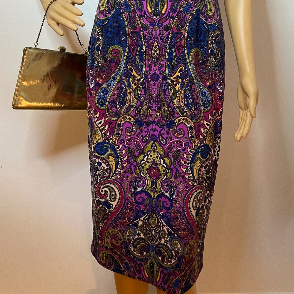 Purple green yellow navy paisley sheath midi dress - Picture 4 of 12